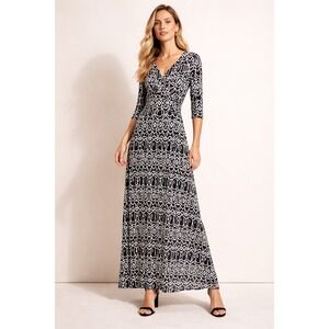 Zen Knits Black‎ White Geometric Print  Maxi Dress Sm 3/4 Sleeve minimalist